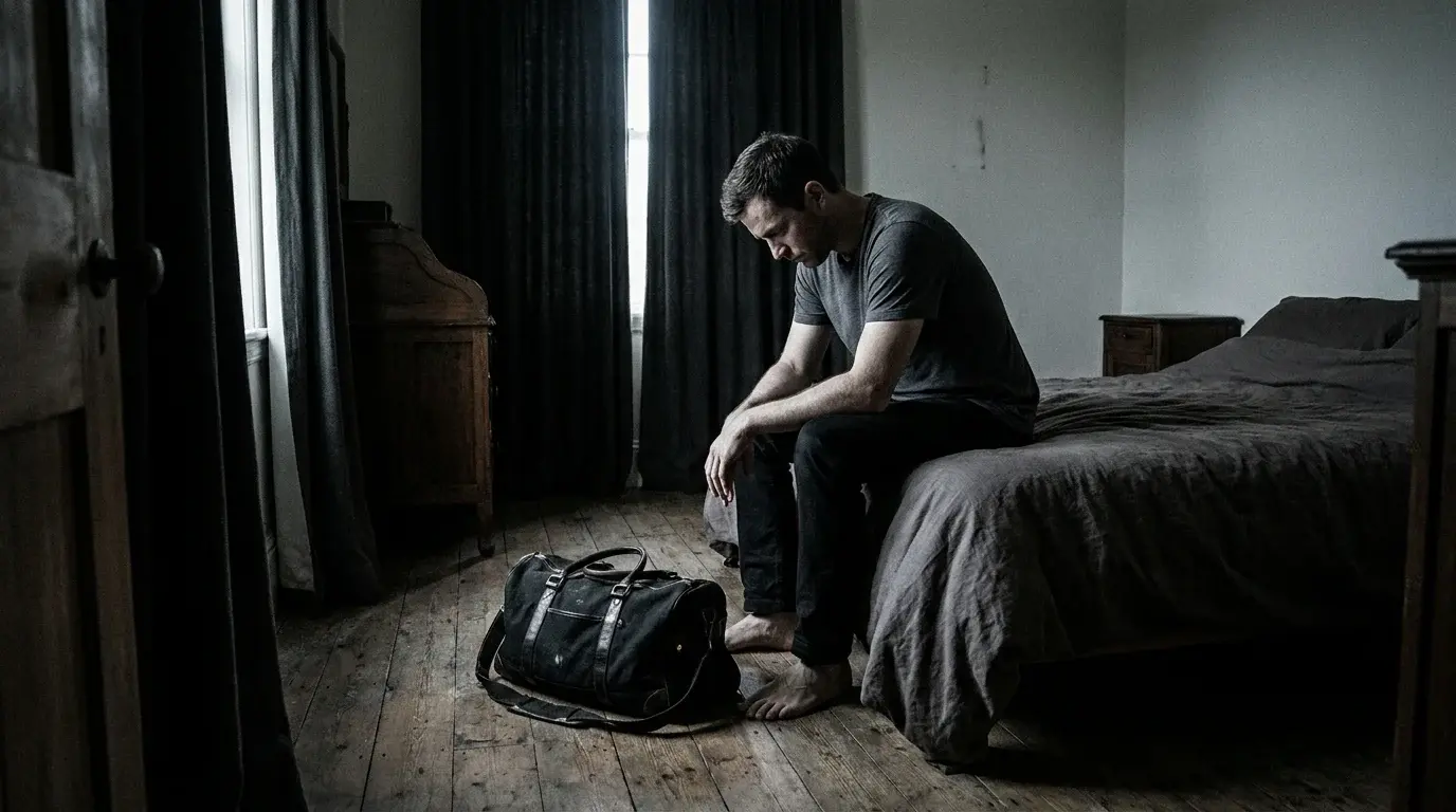 Man sitting on the edge of his bed before dawn with a packed gym bag on the floor beside him, deciding whether to train - training motivation for the faith-driven lifter